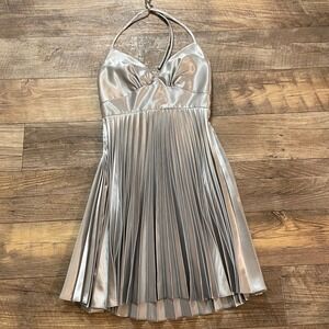 Jessica McClintock Gunne Sax VTG Sz 9 Silver Metallic Pleated Halter Dress 32489